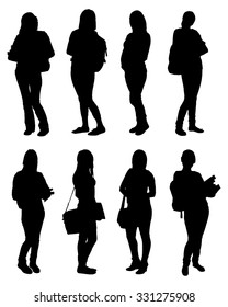 Set Of Vector Students Silhouettes With Backpacks And Books. Vector Image