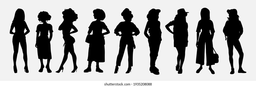 Set Of Vector Students Silhouettes. Collection of stylish young women dressed in trendy clothes.Set of fashionable casual and formal outfits.Vector Image