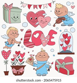 Set of vector St.Valentines Day elements in hand-drawn style. Illustrations of gift envelops, hearts and cupids for decoration, window dressing, cards.