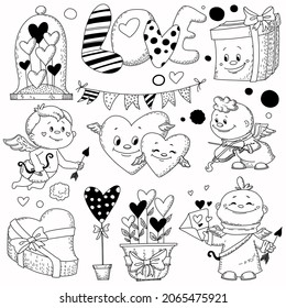 Set of vector St.Valentines Day elements in hand-drawn style. Illustrations of gift envelops, hearts and cupids for decoration, window dressing, cards.