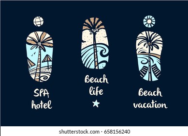 Set of vector style freehand drawing color image with palm tree for design t-shirt and tattoo. Element of illustration for travel and tour agency. Spa hotel, beach life and vacation.