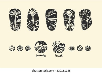 Set of vector style freehand drawn black image with tropic island, cruise ship and palm for design t-shirt and tattoo. Element of illustration for travel and tour agency. 