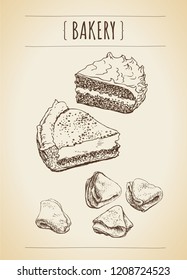 Set of vector styles in vintage style. Graphic sketches of pies, cakes, cookies