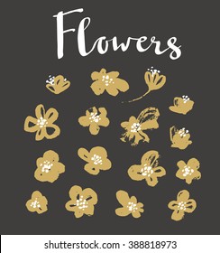 Set of vector stylish grunge gold flowers painted dry ink brush.