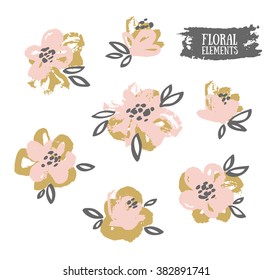 Set of vector stylish grunge pink and gold flowers painted dry ink brush.