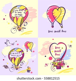 Set of vector stylish illustration balloon with flower design about love for greeting cards, posters, valentines day, save the date card with text.