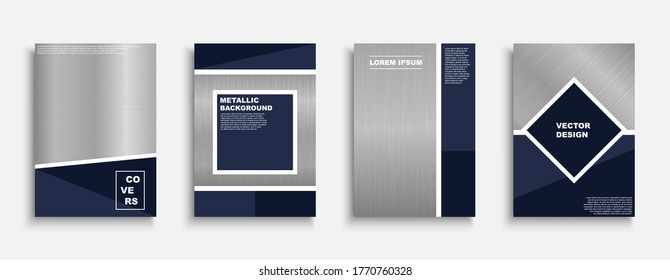 Set of vector stylish metallic covers, templates, backgrounds, placards, brochures, banners, flyers and etc. Decorative trendy posters with creative polished metal texture.