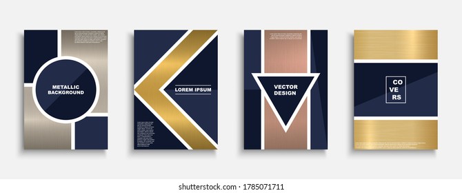 Conjunto de cubiertas metálicas de diseño vectorial, plantillas, fondos, carteles, folletos, pancartas, volantes, etc. Afiches de moda decorativos con textura de metal pulido creativo.