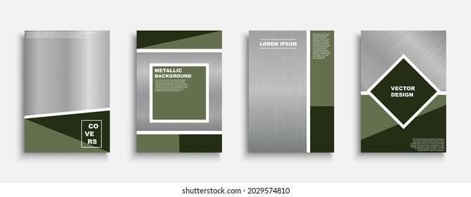 Conjunto de cubiertas metálicas de diseño vectorial, plantillas, fondos, carteles, folletos, pancartas, folletos, etc. Afiches de moda decorativos con textura de metal pulido creativo