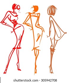 set 
VECTOR 
stylish  original hand-drawn graphics with beautiful young attractive girl model for design. Fashion, style,  beauty, advertising. Graphic, sketch drawing. Sexy woman

