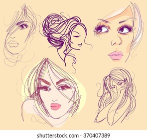 set VECTOR 
stylish  original hand-drawn graphics portrait  with beautiful young attractive girl model for design. Fashion, style,    beauty . Graphic, sketch drawing. Sexy  woman
