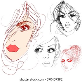 set VECTOR 
stylish  original hand-drawn graphics portrait  with beautiful young attractive girl model for design. Fashion, style,    beauty . Graphic, sketch drawing. Sexy  woman
