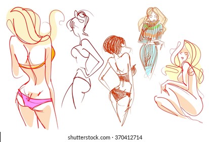 set VECTOR 
stylish  original hand-drawn graphic with beautiful young   girl model for design. Fashion, style, youth, fitness, sports, beauty. Graphic, sketch, drawing. Sexy body.

