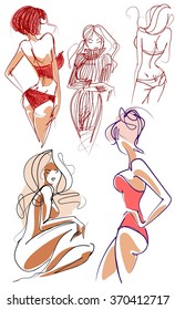 set VECTOR 
stylish  original hand-drawn graphic with beautiful young   girl model for design. Fashion, style, youth, fitness, sports, beauty. Graphic, sketch, drawing. Sexy body.
