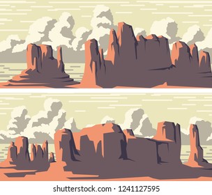 Set of vector stylized banner of wild west desert area with rocks and clouds.