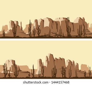 Set of vector stylized banner of wild west desert area with rocks (Monument Valley) and cacti at sunset.