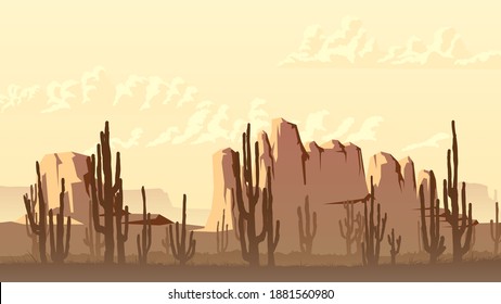 Conjunto de banner vectorial estilizado de área salvaje del desierto occidental con rocas (Valle del Monumento) y cactus al atardecer.