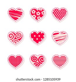set of vector stylized bright red hearts 