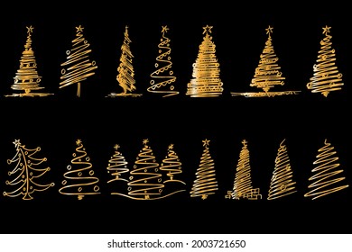 set of vector stylized Christmas tree on black background. Decorative card