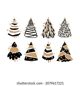 set of vector stylized Christmas tree on black background. Decorative card