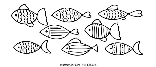 Set of vector stylized fishes. Collection of aquarium fish. Linear Art. Illustration for children. Sketch of fish vector icons isolated on white background. Set of varieties cartoon fishes