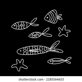 Set of vector stylized fishes. Collection of aquarium fish. Linear Art. Illustration for children.