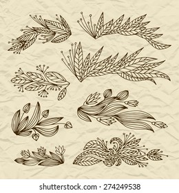 Set of vector stylized flowers & leaves, retro old vintage swirls on torn paper