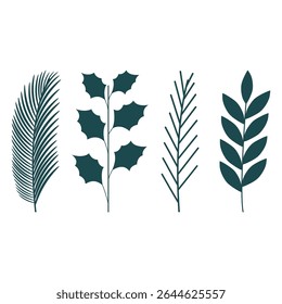 Un conjunto de hojas y ramas verdes estilizadas de Vector sobre un fondo blanco, hechas en un diseño minimalista y plano.