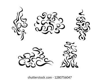Set of vector stylized smoke. Vector simple black and white illustration. Icon Illustration of steam clouds, fog, haze, mist.