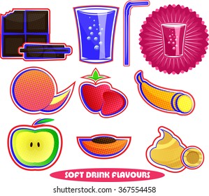 Set of vector stylized soft drink/beverage flavors - chocolate, orange, strawberry ,banana, apple, peach, caramel