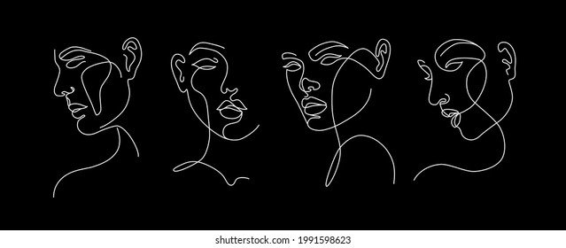 Conjunto de caras de mujeres con estilo vectorial. Arte moderno de línea única. Concepto de moda de belleza femenina, estilo minimalista.