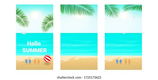 Set of vector summer backgrounds with ball, beach flip flops,plane ,boat, wave, sun, palm leaves. Tropical vacation concept for social media stories, advertisements, flyers.Stock vector illustration. 