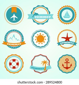 Set of vector summer badges contain holiday, travel and vacation icons