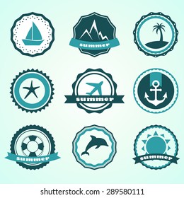 Set of vector summer badges contain holiday, travel and vacation icons