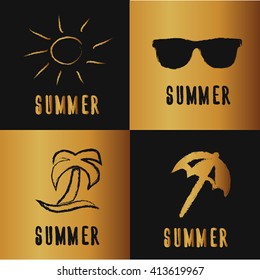 Set of vector Summer banner whith gold  on black background