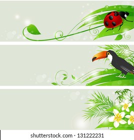 Set of vector summer banners with flowers and green leaves