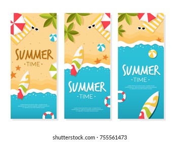 Set of vector summer beach banners with beach umbrellas, waves, coconut tree and surfing board