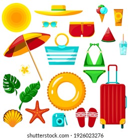 Set of vector summer beach items, accessories, tropical plants, starfishes and seashells, clothes, shoes, suitcase for vacation and travel. All elements are isolated.