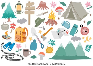 set of vector summer camp. Cute camping clipart on white background. 