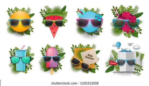 Set of vector summer composition with realistic sunglasses and tropical leaves on white background. Minimal illustration for banner, poster, promotion, web site, branding, advertising.