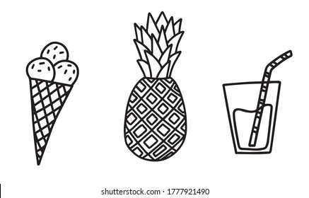 Set of vector summer elements, pineapple, water, drink, hot day, ocean time, sea holiday, ice cream, children