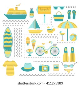 Set of vector summer. Set of flat icons summer vacation. Collection of elements of summer vacation, travel, holiday, sports. Vector illustration of summer. Elements for design. Template for design.