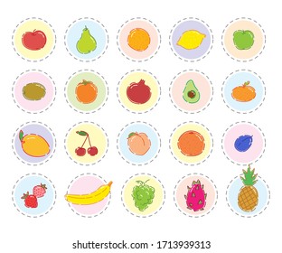 Set of vector summer fruit stickers on a white background for pins, badges, fashion embroidery, temporary tattoos, element in healthy lifestyle design.