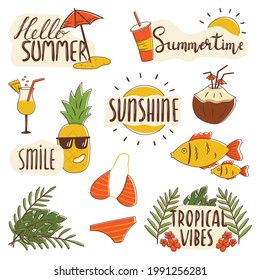 Set of vector summer icons. Collection of isolated stickers with hand lettering. Beach holiday attributes and inscription templates. Funny design elements.
