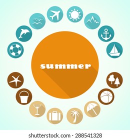 Set of vector summer icons contain holiday, travel and vacation things