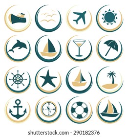 Set of vector summer icons contain holiday, travel and vacation things
