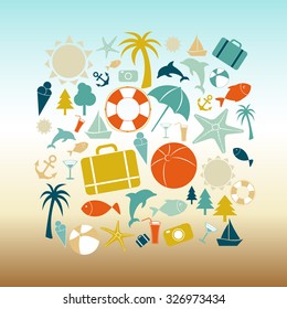 Set of vector summer icons contain holiday, travel and vacation things