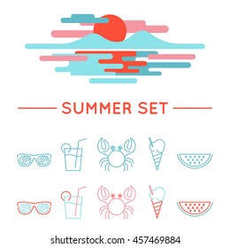 Set of Vector Summer Icons. Trendy Elements, Beach, Sunglasses, Watermelon, Ice cream, Lemonade and Crab. Funny Colorful Illustration for use in design, banner, logo, label or badge.