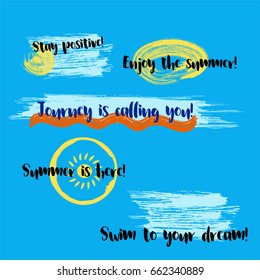 Set of vector summer icons with: Bon Voyage, stay positive, journey is calling you, swim to your dream, summer is here, enjoy the summer. Six positive summer logos, travel, vacation, holidays banners.