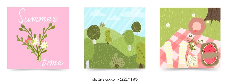 Un conjunto de ilustraciones vectoriales de verano. Acogedoras ilustraciones de verano con un concepto natural. 
